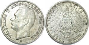 Q8604 Germany Baden 3 Mark Friedrich II 1910 G Silver AU --> Make Offer
