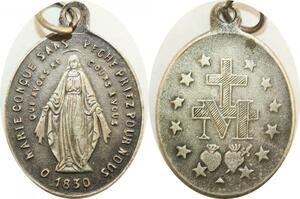 Q8647 Médaille O Marie Concue Sans Pêché 1830 Priez 2 coeurs Argenté