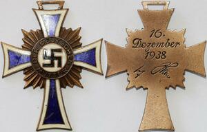 R0285 German Order Honor cross Medal Nazi Hitler 16 Dezember Mutter 1938 UNC