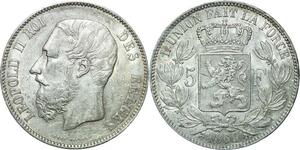 R1027 Belgium 5 Francs Leopold II Roi des Belges 1869 Argent -> Make offer