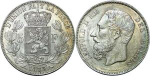 R1029 Belgium 5 Francs Leopold II Roi des Belges 1873 Argent AU -> Make offer