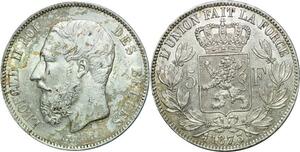 R1035 Belgium 5 Francs Leopold II Roi des Belges 1873 Argent AU -> Make offer