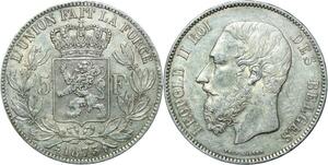 R1036 Belgium 5 Francs Leopold II Roi des Belges 1873 Argent -> Make offer