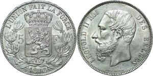R1051 Belgium 5 Francs Leopold II Roi des Belges 1876 Argent AU -> Make offer