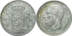 R1052 Belgium 5 Francs Leopold II Roi des Belges 1870 Argent -> Make offer