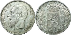 R1057 Belgium 5 Francs Leopold II Roi des Belges 1869 Argent -> Make offer