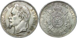 R1060 Rare France 5 Francs Napoleon III 1868 BB Strasborg Silver AU -> M Offer