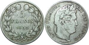 R1063 France 5 Francs Louis Philippe I 1833 A Paris Argent -> Make offer