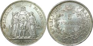 R1089 Rare France 5 Francs Hercule 1877 A Paris Argent Silver AU+ -> Make offer