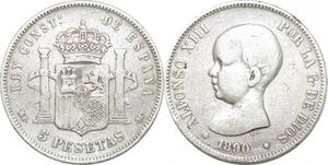R1117 Spain Spanien 5 Pesetas Alfonso XIII 1890 MP-M Madrid Silver -> Make offer