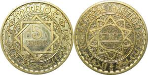 R1137 Très Rare Maroc 5 Francs Mohammed V Essai Piéfort AH 1365 1946 PCGS SP64