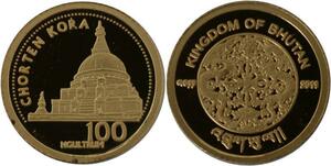 R1261 Bhutan 100 Ngultrum Chorten Kora 2011 Or Gold BE PF -> Make offer