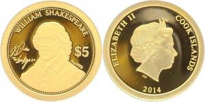 R1291 Cook Islands 5 Dollars William Shakespeare 2014 Or Gold BE PF -> M Offer