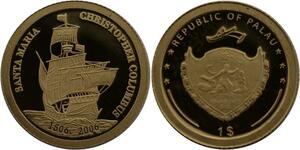 R1297 Palau 1 Dollar Christopher Columbus Santa Maria 2006 Or Gold BE PF ->Offer