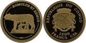 R1300 Congo 1500 Francs CFA Romulus Remus 2007 Or Gold BE PF -> Make offer