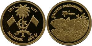 R1302 Maldives 20 Rufiyaa Poisson Clown 2011 Or Gold BE PF -> Make offer