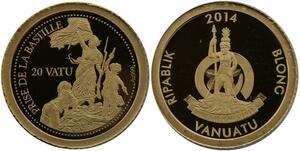 R1305 Vanuatu 20 Vatu  Prise Bastille 2014 Or Gold BE PF -> Make offer