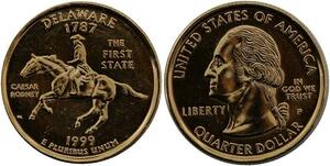 R1384 USA Delaware Quarter 1/4 Dollar Caesar Rodney 1787 1999 Gold Plated UNC