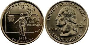 R1399 USA Pennsylvania Quarter 1/4 Dollar Liberty 1787 1999 Gold Plated UNC