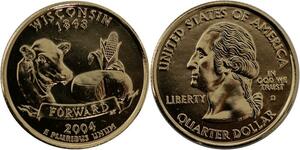 R1403 USA Wisconsin Quarter 1/4 Dollar Cow Cheese 1848 2004 Gold Plated UNC 