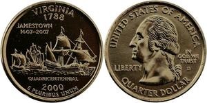 R1405 USA Virginia Quarter 1/4 Dollar Jamestown 1788 2000 Gold Plated UNC >Offer