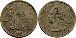 R1409 USA Massachussets Quarter 1/4 Dollar Bay State 1788 2000 Gold Plated UNC