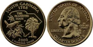 R1428 USA South Carolina Quarter 1/4 Dollar Palmetto State 1788 2000 Gold Plated