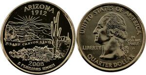 R1432 USA Arizona Quarter 1/4 Dollar Grand Cayon 1912 2008 Gold Plated UNC