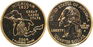 R1799 USA Michigan Quarter 1/4 Dollar Great Lake State 1837 2004 Gold Plated UNC