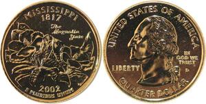 R1801 USA Mississippi Quarter 1/4 Dollar Magnolia 1817 2002 Gold Plated UNC