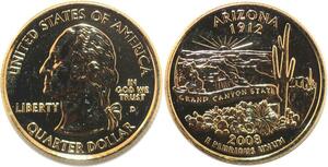 R1804 USA Arizona Quarter 1/4 Dollar Grand Canyon 1912 2008 Gold Plated UNC