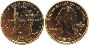 R1806 USA New York Quarter 1/4 Dollar Gateway Freedom 1788 2001 Gold Plated UNC