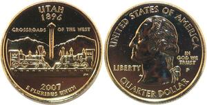 R1808 USA Utah Quarter 1/4 Dollar Crossroads West 1896 2007 Gold Plated UNC