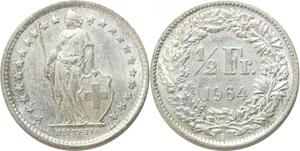 R1866 Suisse Switzerland 1/2 Franc Helvetia 1964 B Berne Silver UNC > Make Offer