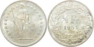 R1867 Suisse Switzerland 1/2 Franc Helvetia 1951 B Berne Silver AU+ > Make Offer