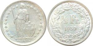 R1868 Suisse Switzerland 1/2 Franc Helvetia 1959 B Berne Silver UNC > Make Offer