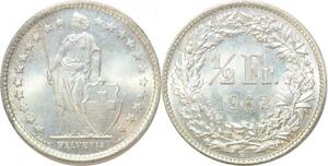 R1869 Suisse Switzerland 1/2 Franc Helvetia 1962 B Berne Silver UNC > Make Offer