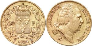 R1900 Rare Error France 20 Francs Louis XVIII 1824 18(9)4 W Lille Or Gold >Offer