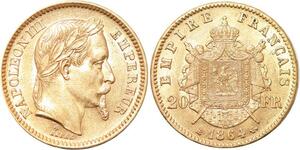 R1920 Rare France 20 Francs Napoléon III 1864 Petit BB Strasbourg Or Gold UNC