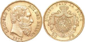 R1929 Rare Belgium 20 Francs Leopold II 1876 Or Gold AU -&gt; Make Offer