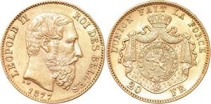 R1932 Rare Belgium 20 Francs Leopold II 1877 Or Gold UNC -&gt; Make Offer