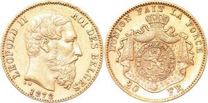R1934 Rare Belgium 20 Francs Leopold II 1878 Or Gold AU+ -&gt; Make Offer