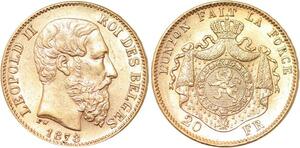 R1939 Rare Belgium 20 Francs Leopold II 1878 Or Gold UNC -&gt; Make Offer