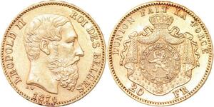 R1945 Rare Belgium 20 Francs Leopold II 1876 Or Gold AU+ -&gt; Make Offer