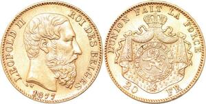 R1949 Rare Belgium 20 Francs Leopold II 1877 Or Gold UNC -&gt; Make Offer