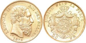 R1951 Rare Belgium 20 Francs Leopold II 1876 Or Gold UNC -&gt; Make Offer