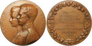 R2078 Rare Médaille Belge Mariage Leopold Astrid 1926 Devreese N°726 tranche SUP