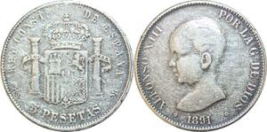 R2525 Fake Spain 5 Pesetas Alfonso XIII 1891 *91* MS M Madrid Silver > M offer