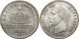 R2693 50 Centimes Napoléon III Tête Laurée 1864 A Paris Barre SUP -> Make Offer 
