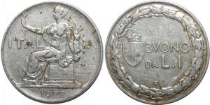 R2695 Italy 1 Lira Vittorio Emanuele III 1922 R Roma AU -> Make Offer